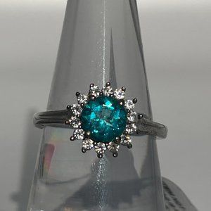 Paraiba Topaz and Natural White Zircon Floral Halo Ring -- Size 6